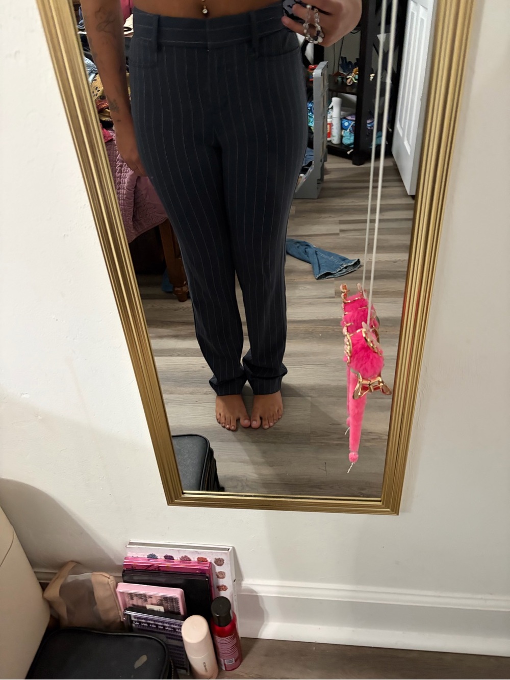 Express Pinstripe Straight-Leg Trousers - Navy with White Stripes